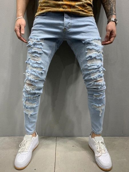 

men ripped slant pocket jeans 51tg#, Blue