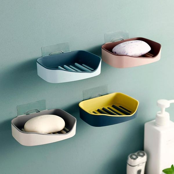 

wall mounted self adhesive soap dishes soap box sponge dish no drilling storage box rack shelf double drain bathroom soap holder q wmttbo