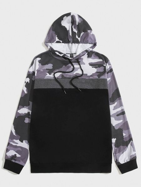 

men camo print spliced drawstring hoodie 47jc#, Black
