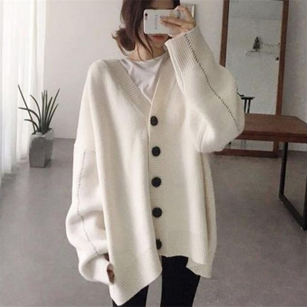 

4a7kq large size elegant cardigan winter women's coat sweater korean autumn and coat new lazy solid color sweater v-neck mid-length loo, White;black