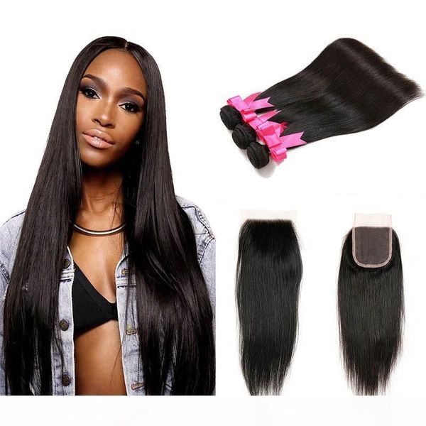 

straight hair bundles with closure 100% real unprocessed brazilian peruvian malaysian virgin human hair 3 bundles with 4x4 lace closure, Black