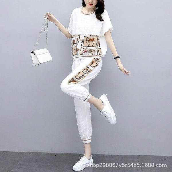 

sportswear two-piece casual pants suit women's 2020 summer new fashionable printed two-piece suit casual pants slimming lrmy5, Gray