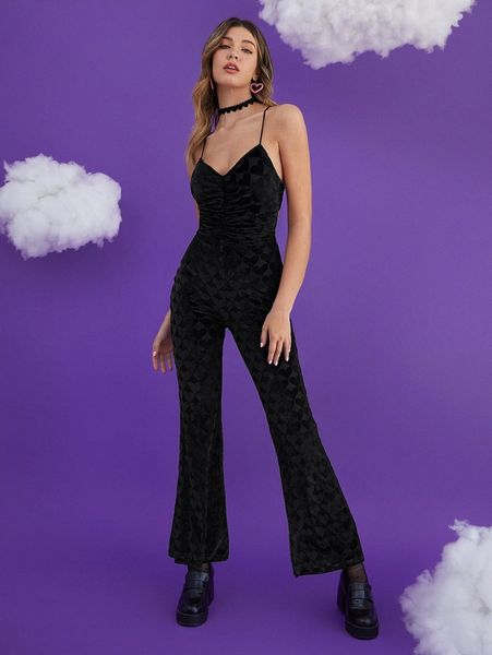 

crisscross backless ruched front heart print flare leg velvet jumpsuit b37v#, White