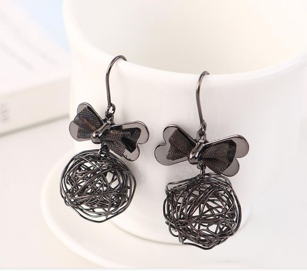 

2020 new trendy retro gold plated bow mesh round ball earrings in black versatile ears 236, Golden;silver