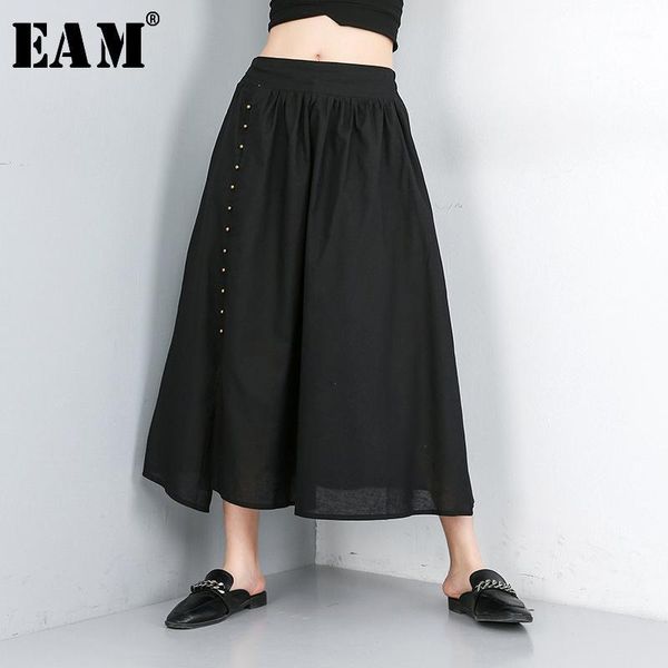 

eam] 2020 new spring summer high elastic waist black loose leisure nailed split joint half-body skirt women fashion tide jw5611