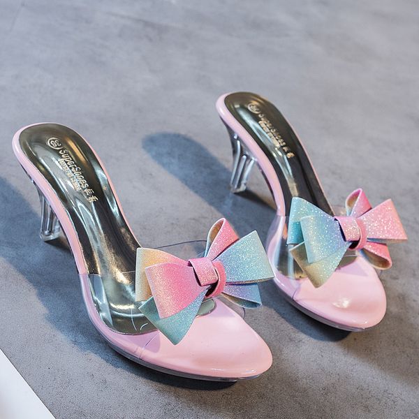 

new women slippers high heeled 6.5cm butterfly-knot women casual shoes mules pvc transparent shoes clear open toe female slipper x1020, Black