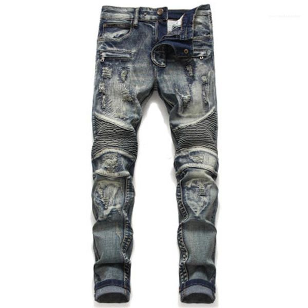 

jeans fashion fold zipper straight long jeans mid waist regular washed stretch motorcycle male jeans man splicing holes, Blue