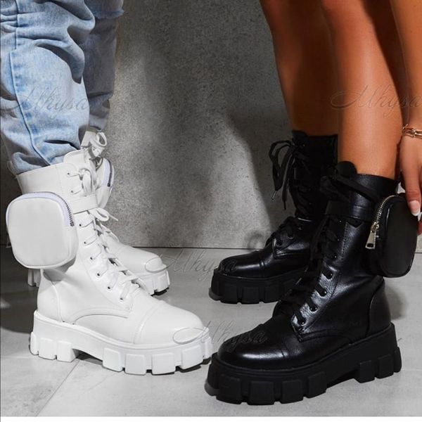 

boots fashion chunky pocket platform women lace up ankle female sole pouch botas mujer, Black