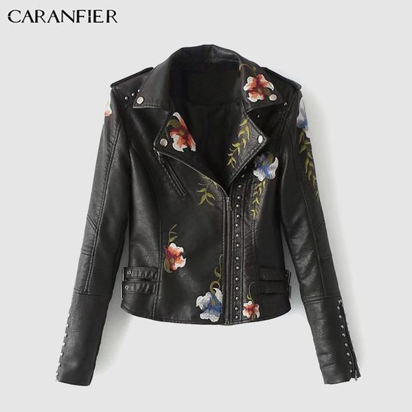 

caranfier women faux leather jacket floral print embroidery winter fall lady rivet coat lapel moto biker punk streetwear eu size c1024, Black;brown