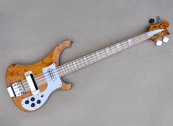 

4 strings natural wood color neck-thru-body electric bass guitar with burl maple veneer,maple fretboard,can be customized
