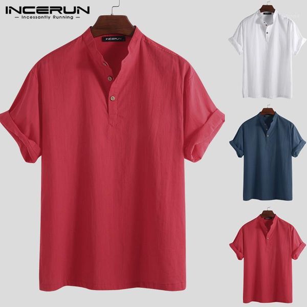 

incerun 2021 mens shirt cotton button stand collar solid color loose short sleeve casual brand shirts men harajuku chemise1, White;black