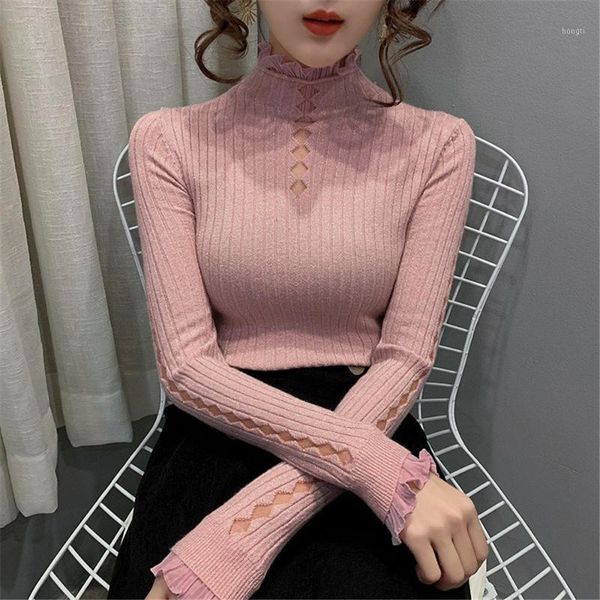 

women sweater half turtleneck simple knitted sweater mesh yarn lace black pullover femme plus size jumper sweter mujer 351, White;black