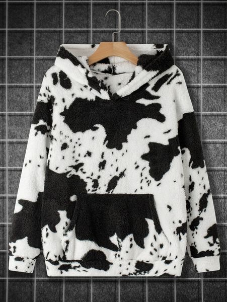 

men cow print drop shoulder teddy hoodie f5us#, Black