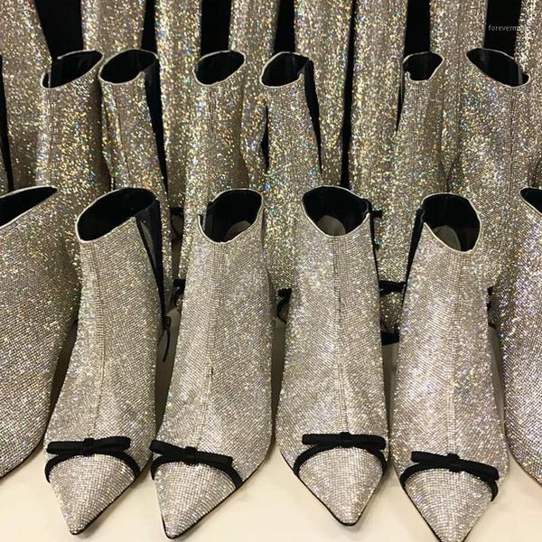 

boots bling ankle crystal all covered pointed toe shoes women's runway high heels woman bowties decors women boots1, Black