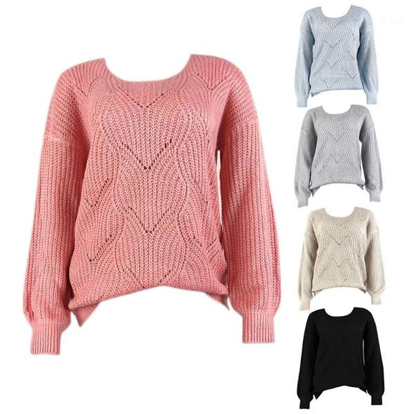 

women autumn hollow out knitted sweater long sleeve round neck elegant pullover solid color casual loose jumper1, White;black