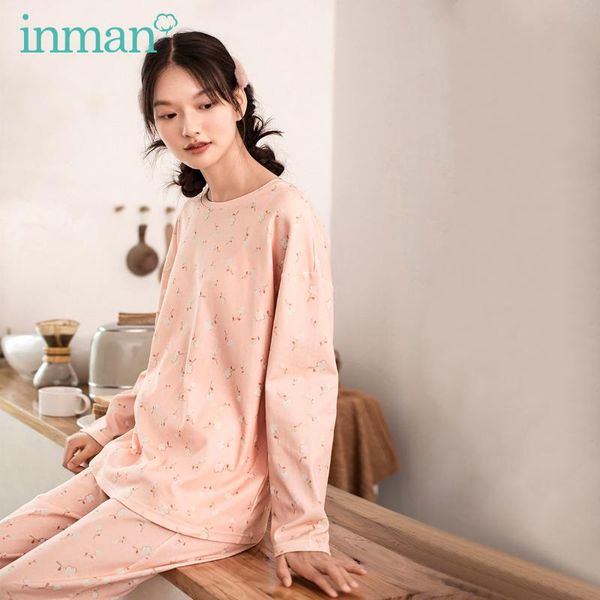 

inman 2020 autumn new arrival home wear outing leisure pajamas long sleeve loose printed 2-pieces set women's t-shirts and, Black;red