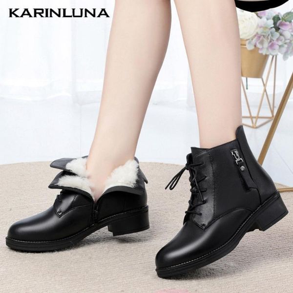 

boots karin 2021 arrival woman shoes neutral brand keep worm plush ankel casual genuine leather square heels shoes1, Black