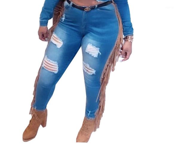 

2020 winter denim washed pants women tassel solid color jeans bleached ripped pencil trousers skinny casual mid waist gl81131, Blue
