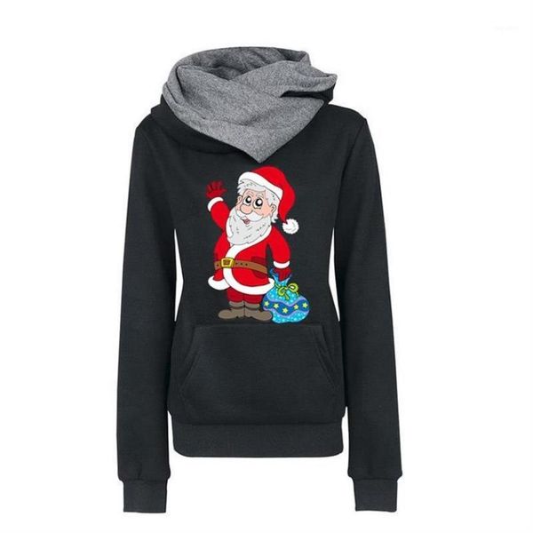 

lapel hooded santa claus print hoodies for women christmas sweatshirt femmes hoodies sweatshirts frauen loose youth1, Black