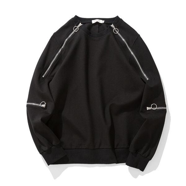 

autumn men loose multi-zipper design solid color casual sweatshirts oversized streetwear stitching cotton mens pullover kg-629, Black