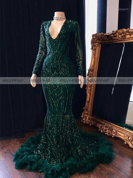 

new arrival long dark green prom dresses 2020 sheer long sleeve sequin black girls feather african women mermaid prom dress1, White;black
