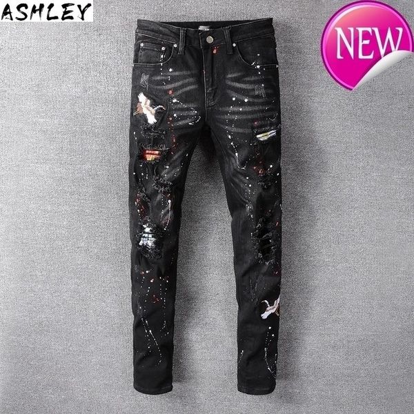 

bird men's black embroidered painted ripped jeans streetwear holes patchwork stretch denim pants skinny pencil trousers, Blue