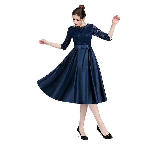 

navy blue атласная колена коктейльное платье с кружевом bow 2021 половина рукава платья партии на складе, Black