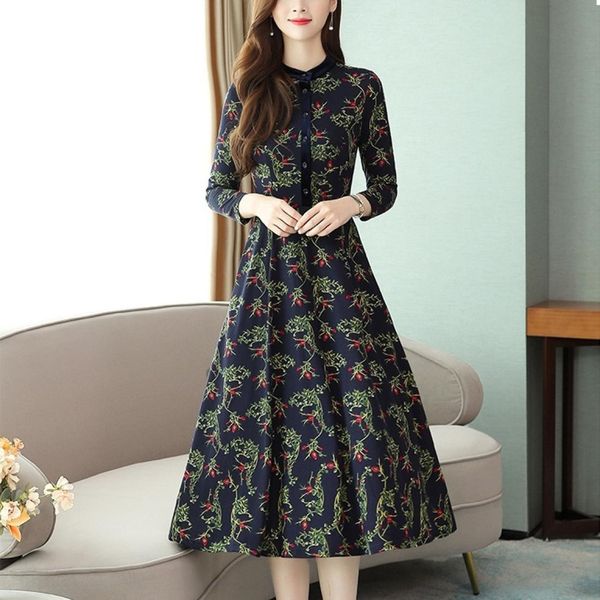 

plus velvet floral temperament over knee dress, Black;pink