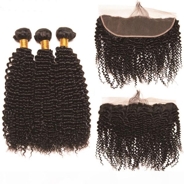 

leila kinky curl hair bundles with frontal peruvian brazilian deep hair lace frontal with bundles human hair bundles with closure non remy, Black;brown