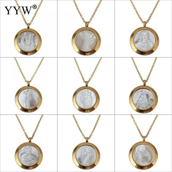 

pendant necklaces white shell necklace flat round shape stainless steel 2.5inch extender oval chain for woman, Silver
