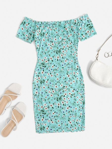 

off shoulder lettuce trim allover floral print dress t4iy#, Black;gray