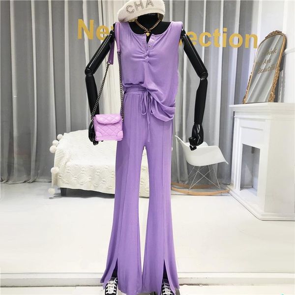 

korean style women summer matching sets for women high street sleeveless pullover o-neck + elastic waist full length pants1, White