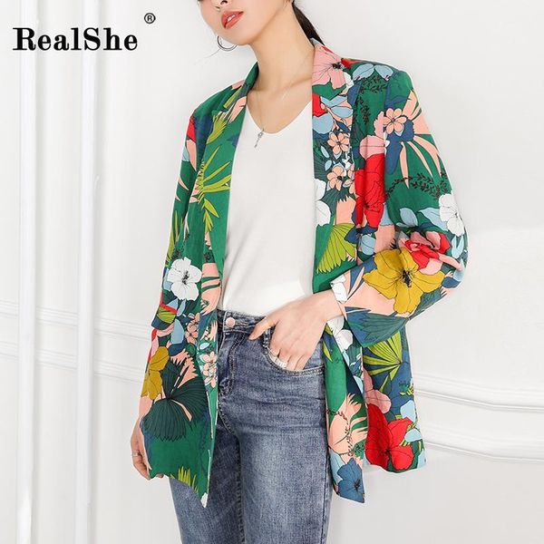 

realshe 2019 new autumn women floral print blazer fashion sashes split long sleeve jackets elegant fashion blazers feminino1, White;black