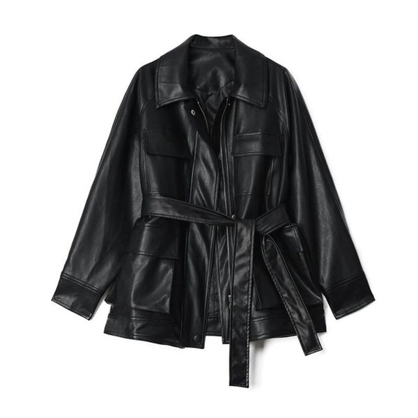 

lanmrem vintage high street bandage waist black pu leather autumn jackets famale loose mid-length coat with belt oversize yj625