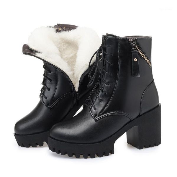 

boots winter ankle for women shoes 2021 fashion zipper genuine leather warm wool plush high heel platform boots1, Black