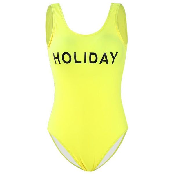 Moda sexy coreana Mulheres sem mangas letra amarela de neon imprimir uma peça sem nas costas Roupa de banho acolchoada Bathing Desinger Swimsuit Smlxl