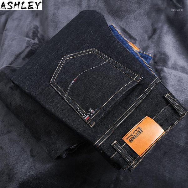 

men's warm winter thick jeans plus size 42 44 46 business fashion black blue regular fit denim stretch trousers male brand pants1