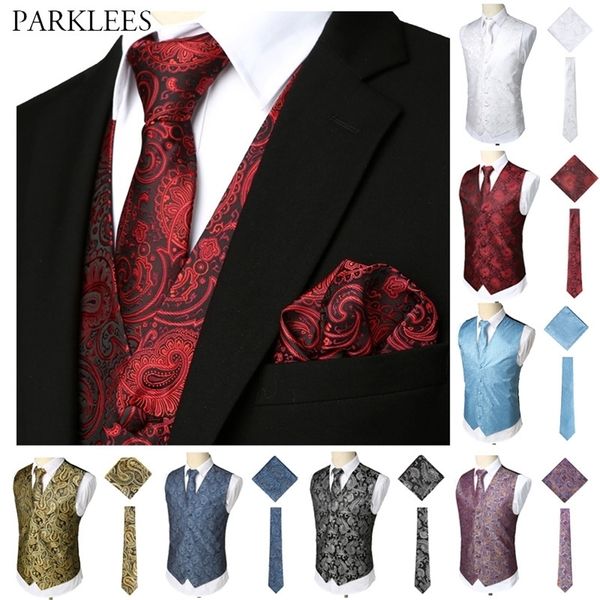 Luxuswein Rot 3 stücke Paisley Weste Weste Krawatte Taschentuch Set Klassische Jacquard Weste Männer Formale Business Casual Weste 201106