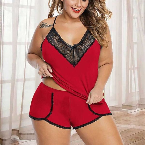 

erotic sleepwear set 5xl ladies fashion lace patchwork v neck backless spaghetti strap pajamas for women female nightgown 220108, Red;black