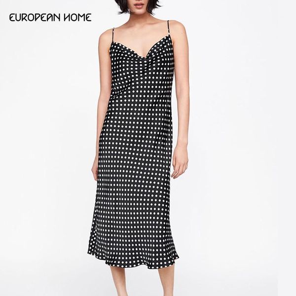 

2019 new summer dress women clothes retro black polka dot long dress plus size slim spaghetti strap v-neck sexy1, Black;gray