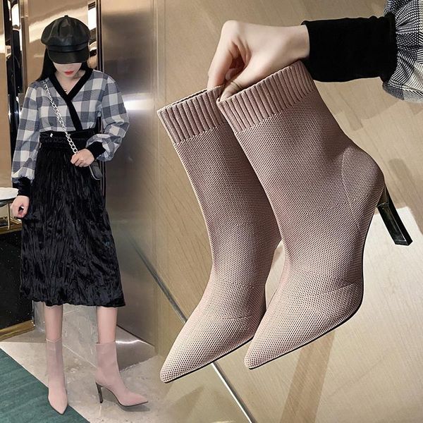 

металлические лезвия каблуки носки сапоги женщины stretch fabric эластичная stilettos пятки острым носом ботильоны обувь женщина boats, Black