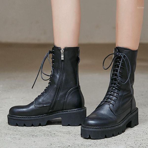 

brand new design high-quality genuine leather chunky heels shoelaces cow skin work ankle booties women shoes boots1, Black