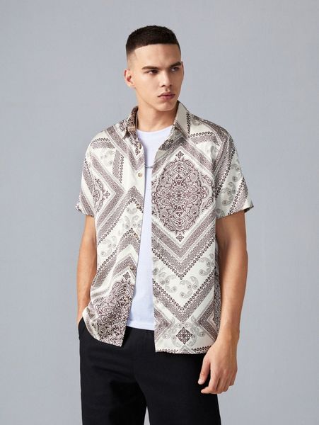 

men paisley & scarf print button front shirt m0eu#, White;black
