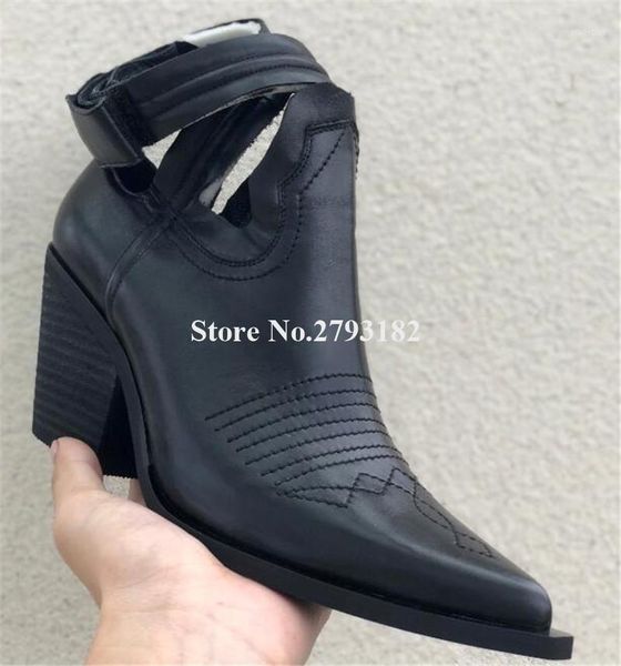 

boots women fashion pointed toe strap cross chunky heel short cut-out square heels white black leather ankle booties motorcycle1