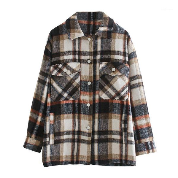 

autumn plaid style casual women jacket fashion lapel collar straight type long sleeve woolen sweet shirts coats for 18-351, Black;brown