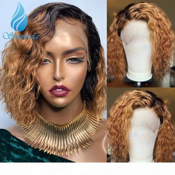 

ombre brown color lace front wigs 150% density human hair wigs brazilian curly remy hair short bob with baby, Black;brown