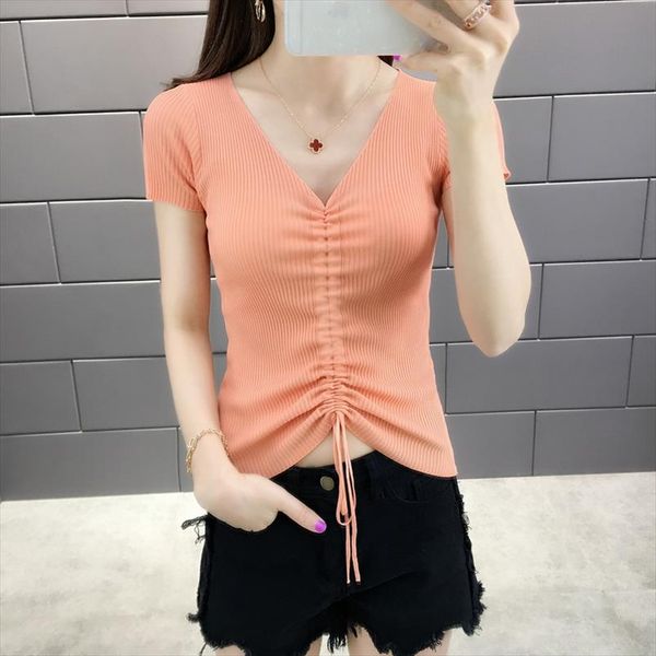 

2020 spring summner lace up v neck slim short sleeve woolen caridigan women lady sweater drop shipping, White;black