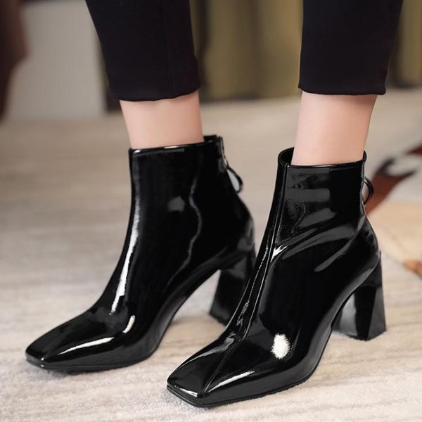 

boots mljuese 2021 women ankle cow leather winter short plush square toe zipper high heels female size 39, Black