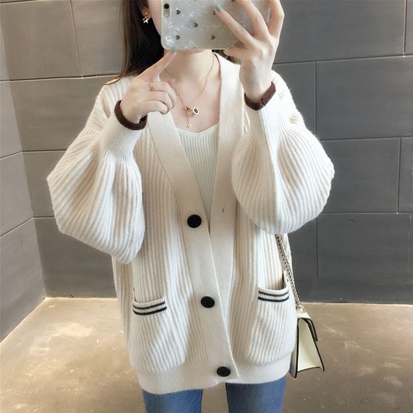 

women autumn cardigan knitted breasted buttons oversize loose female outwear sweater cardigans lantern sleeve