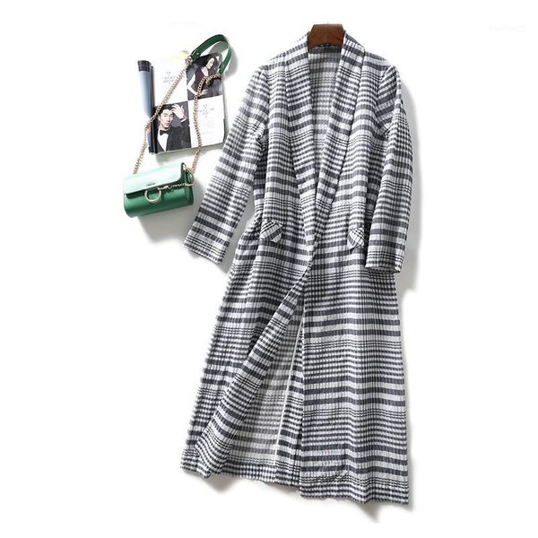

cotton + silk fabrics pocket coat women stripe long sleeve fold fabric long thin women coats 2020 new autumn1, Tan;black